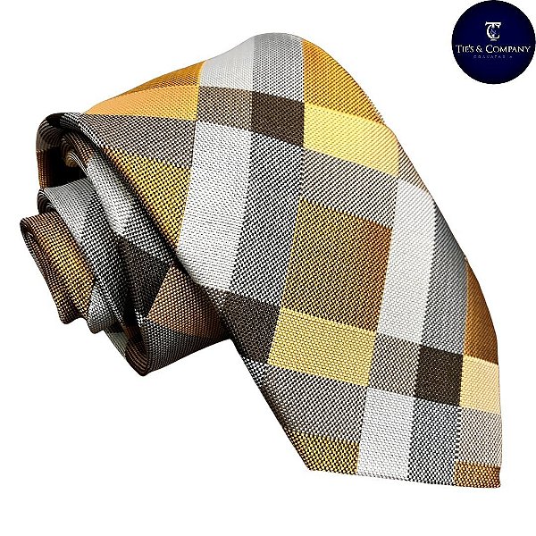 Gravata Semi Slim Bege Gold Xadrez Jacquard Luxo Premium