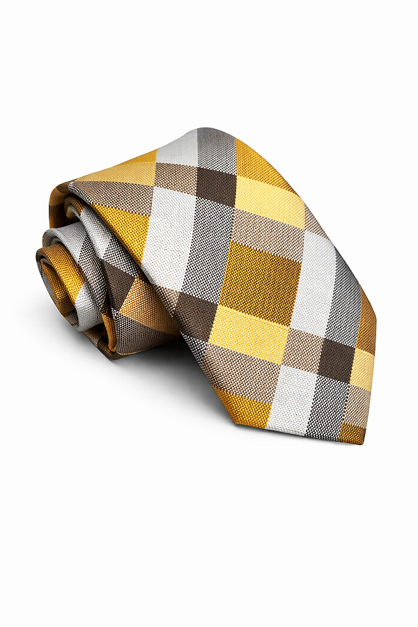 Gravata Semi Slim Bege Gold Xadrez Jacquard Luxo Premium