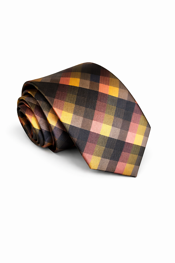 Gravata Semi Slim Amarela Xadrez Jacquard Luxo Premium