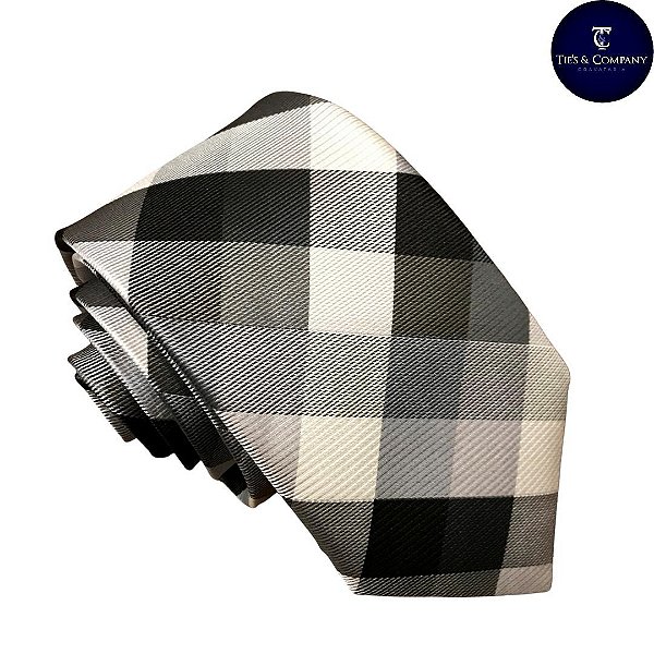 Gravata Semi Slim Branca& Preta Xadrez Jacquard Luxo Premium