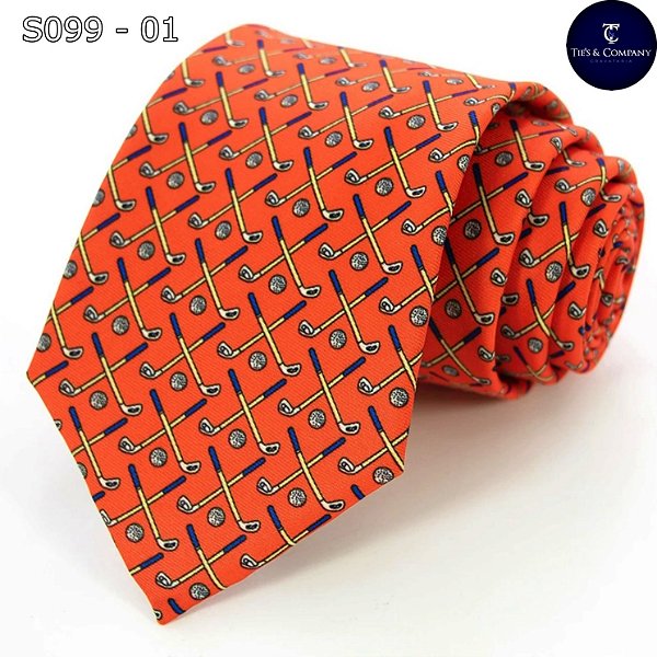 Gravata 100% Seda Foulard Laranja / Verde Golf Tradicional