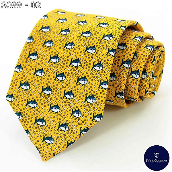 Gravata de Seda Foulard Azul /Amarela Fish Tradicional Larga