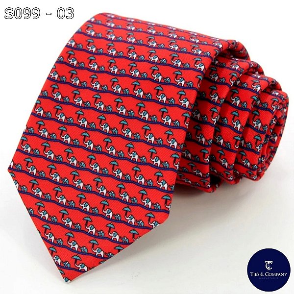 Gravata de Seda Foulard Vermelha Elefante Tradicional Larga