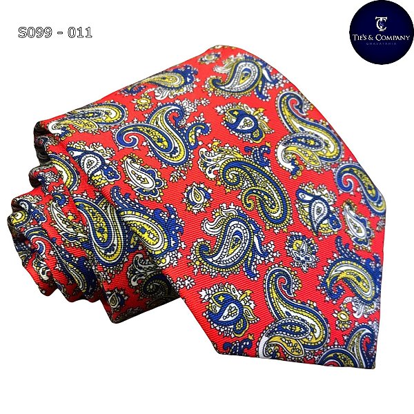 Gravata de Seda Foulard Vermelho / Verde Paisley Tradicional