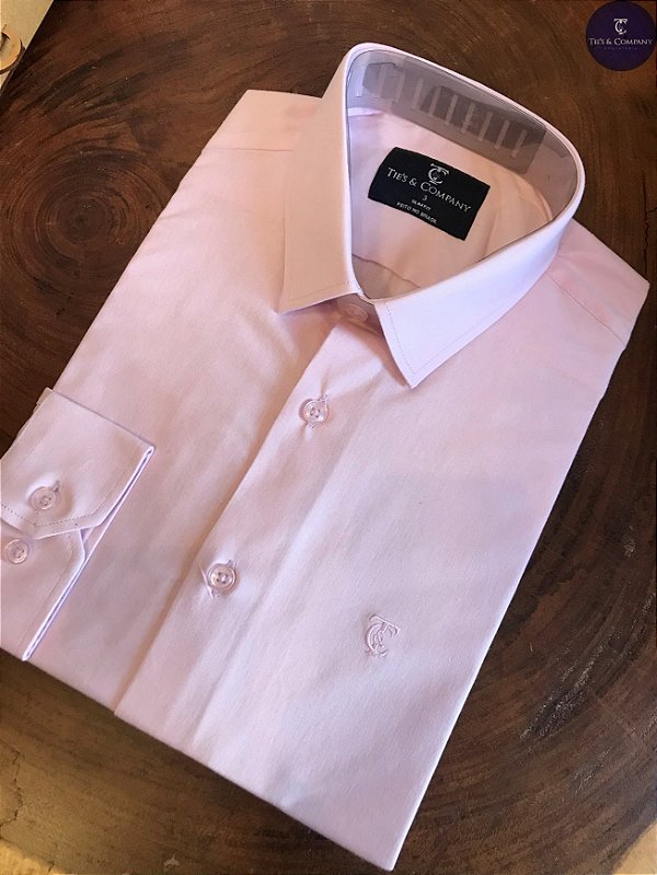 Camisa Masculina Social T&C Rosa Bebê Slim Fit 100% Algodão