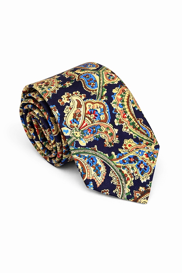 Gravata Slim Azul Marinho Premium Algodão Paisley Cashmere