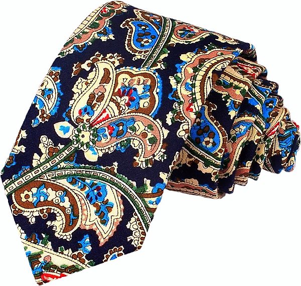 Gravata Slim Azul Marinho Premium Algodão Paisley Cashmere