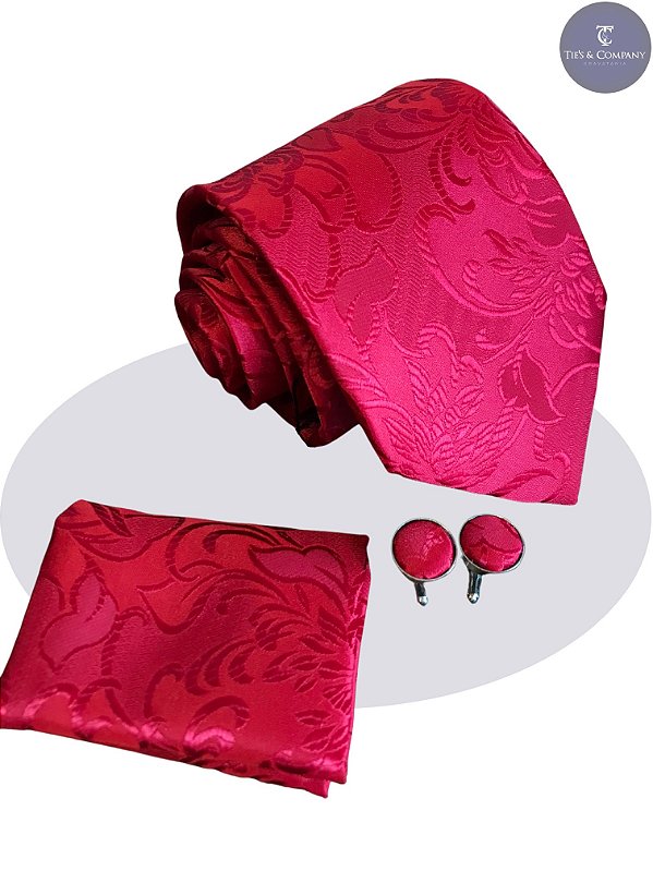 Gravata de seda Jacquard Vermelha c/ lenço + abotoaduras