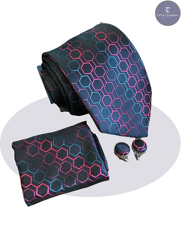 Gravata de seda Jacquard Preta c/ lenço + abotoaduras