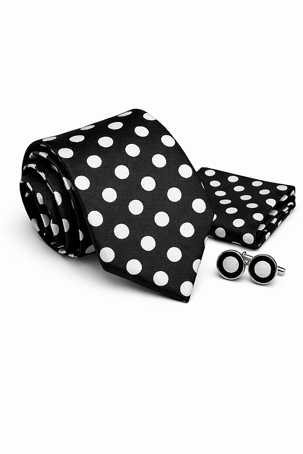 Gravata de seda Jacquard Preta c/ lenço + abotoaduras