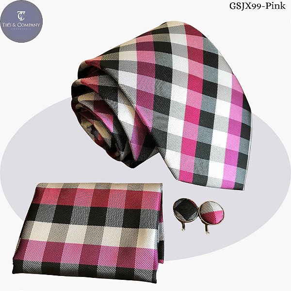 Gravata de seda 100% Jacquard Xadrez com lenço + abotoaduras