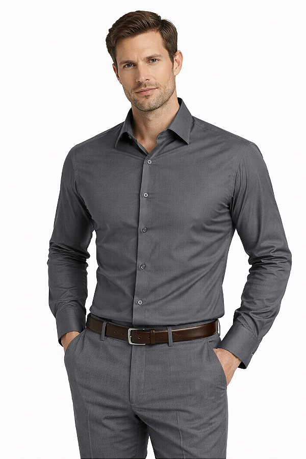 Camisa Masculina Social Cinza Slim Fit Manga Longa