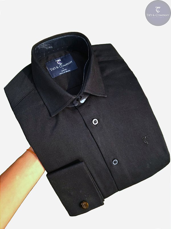 Camisa Social Preta de Punho Duplo p/ Abotoaduras T&C 100% Algodão Fustão