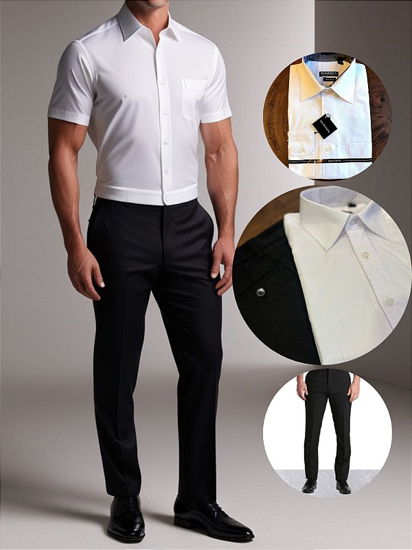 Kit: Camisa Social Branca Manga Curta + Calça Social Preta