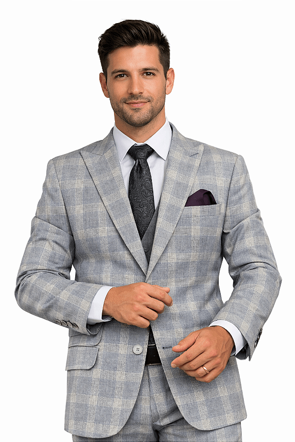 Terno Slim Masculino Xadrez Cinza PV Lapela Peak T&C Elegância e Sofisticação