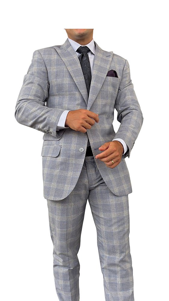 Terno Slim Masculino Xadrez Cinza PV Lapela Peak T&C