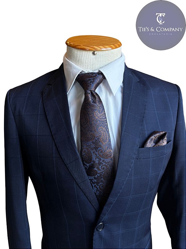 Terno masculino Azul Marinho Xadrez Slim Microfibra