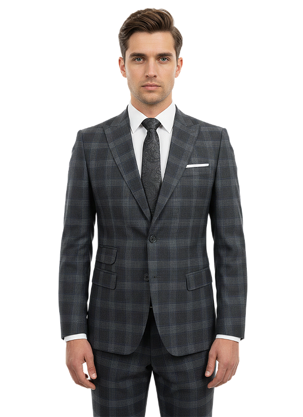 Terno Slim Masculino Xadrez Preto PV Lapela Peak T&C