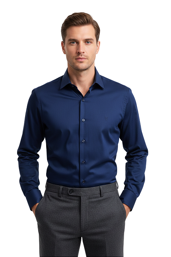 Camisa Social Azul Marinho Premium T&C 100% Algodão Fustão