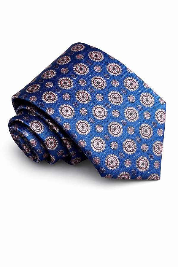 Gravata de microfibra azul com círculos em tons de rosa, branco e preto 7,5 cm