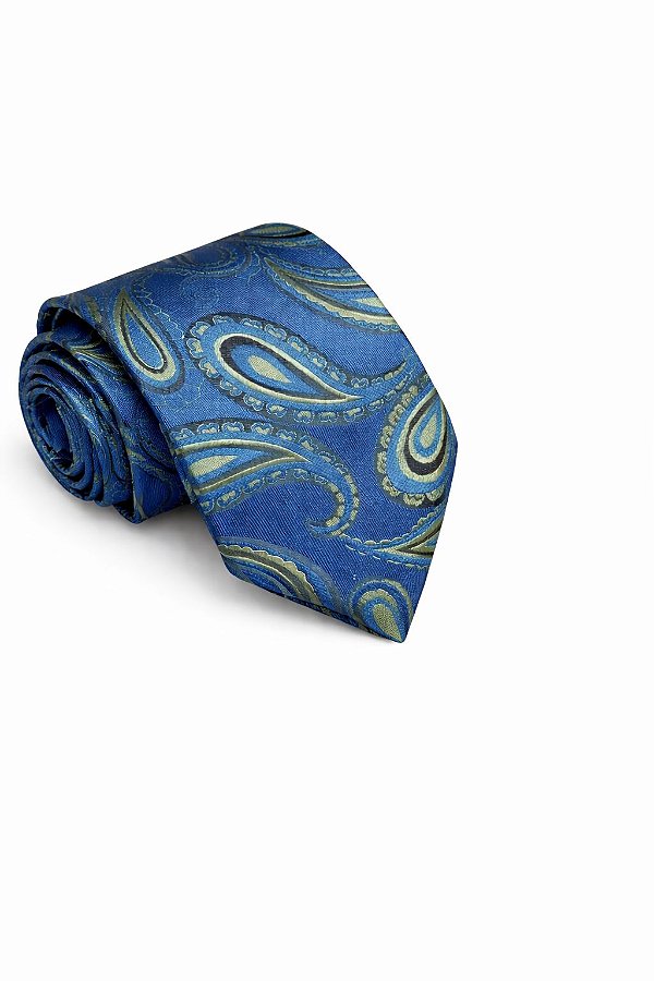 Gravata azul e dourado paisley em Microfibra 8 cm