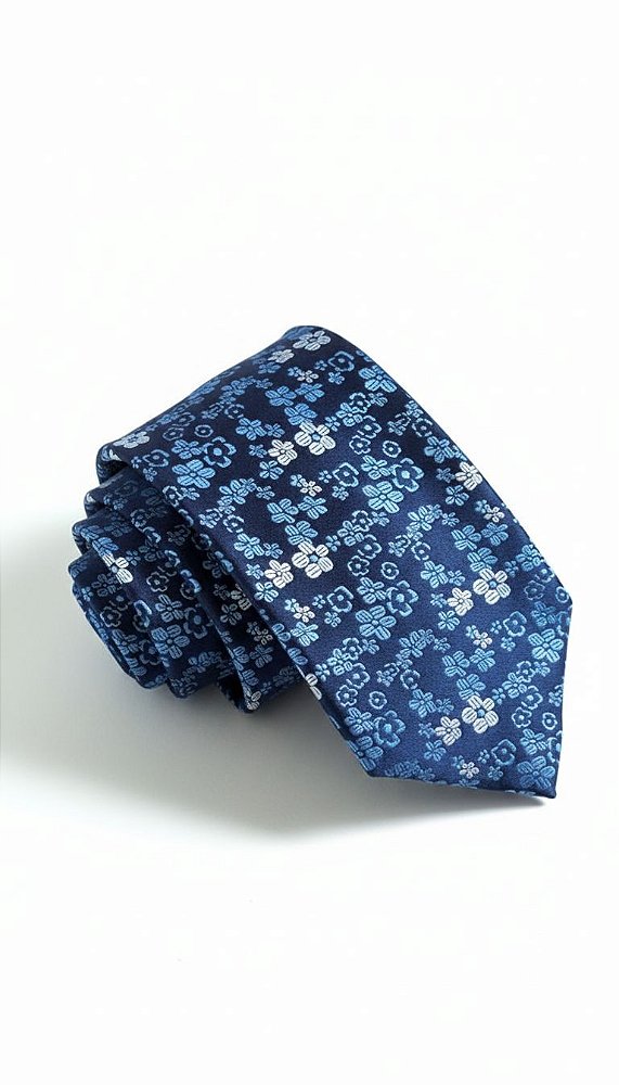 Gravata padrão Floral azul e branco em Microfibra 8cm