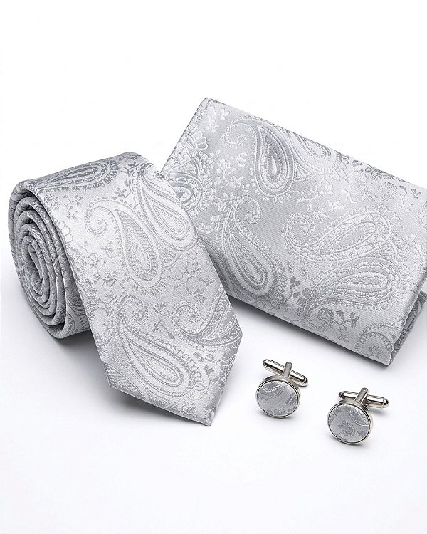 Kit Gravata Cinza Claro com Lenço e Abotoadura – Elegância Completa e Sofisticação Executiva