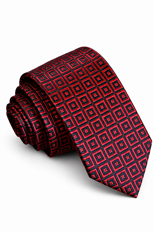 Gravata Masculina Vermelha e Preta Geométrica – Elegância e Personalidade