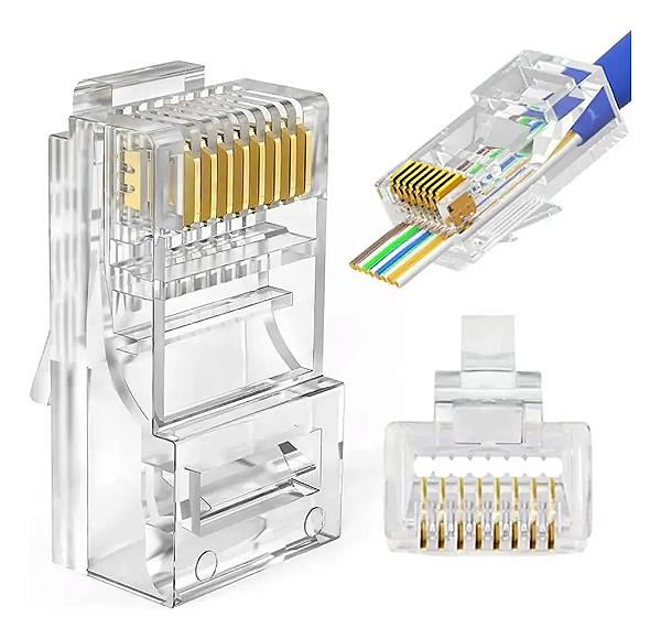 Kit 100 Conector Rj45 Vazado De Passagem Ez Crimp Cat5e Ouro