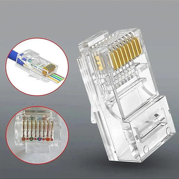 Kit 100 Conector Rj45 Vazado De Passagem Ez Crimp Cat5e Ouro