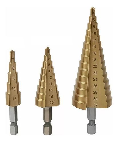 Kit 3 Brocas Titanio Escalonadas Aço Rapido Profissional
