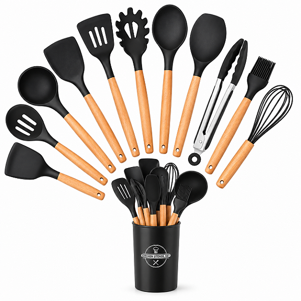 Kit 12 Utensílios De Cozinha Em Silicone E Cabo De Madeira