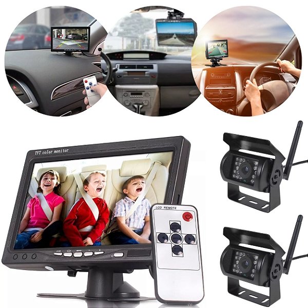 Kit 2 Câmera Ré C/ Monitor 7 Polegadas Wifi Pal Ntsc 12v 24v