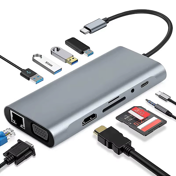 Hub Adaptador 11 Em 1 Hdtv Vga Rj45 Usb 3.0 Audio 4k Ultra