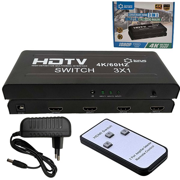 Switch Conversor Hdmi 4k Profissional 3x1 C/ Controle Remoto