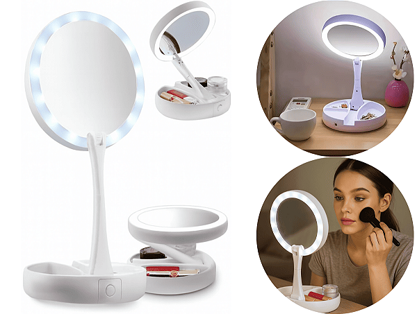 Espelho De Maquiagem Make C/ Luz Led Dobrável De Mesa