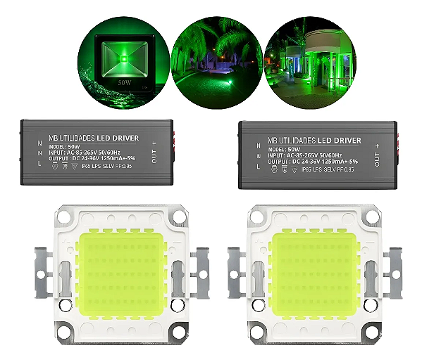 2 Chip Led Verde 50w Reposição Refletor +2 Driver Reator 50w