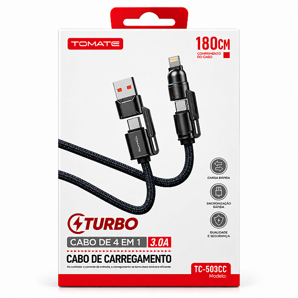 Super Cabo USB-C 4 em 1 Turbo Universal Lightning Carregador Preto
