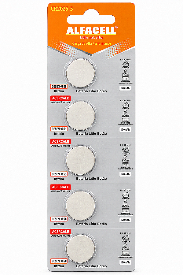 Bateria CR2025 3V Lítio Tipo Botão 5 Unidades - Alfacell