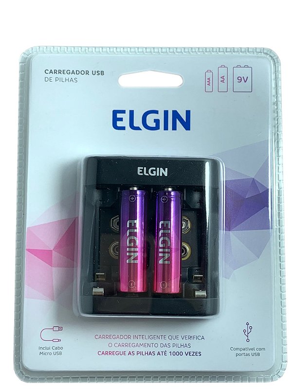 Kit Elgin Carregador De Pilhas + 2 Pilhas Aa Recarregáveis