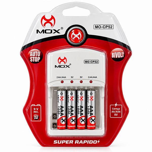 Kit Carregador + 4 Pilhas Aaa 1000mah Mox Recarregável