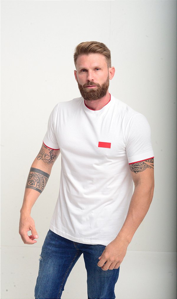Camiseta Hugo Boss Masculina Regular Fit Logo Borracha Branca