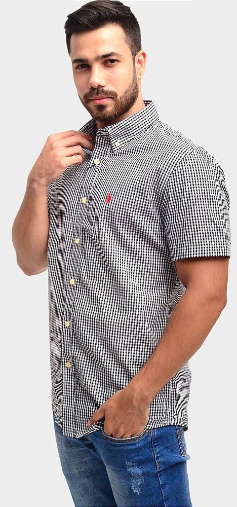 Camisa Ralph Lauren Masculina Manga curta Quadriculada Preta