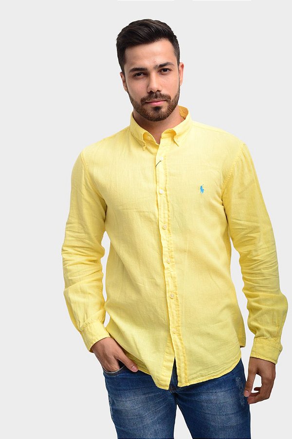 Camisa Ralph Lauren Masculina Custom fit Linho Amarela