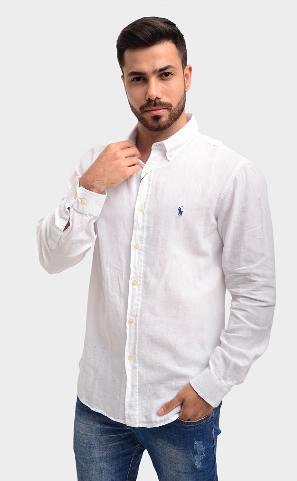 Camisa Ralph Lauren Masculina Custom fit Linho Branca