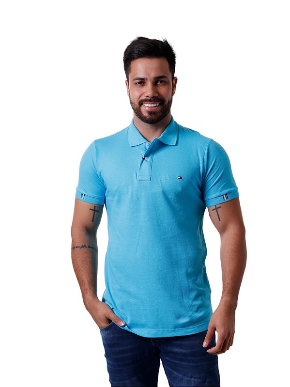 Polo Tommy Hilfiger Masculina Regular fit Details Azul Claro