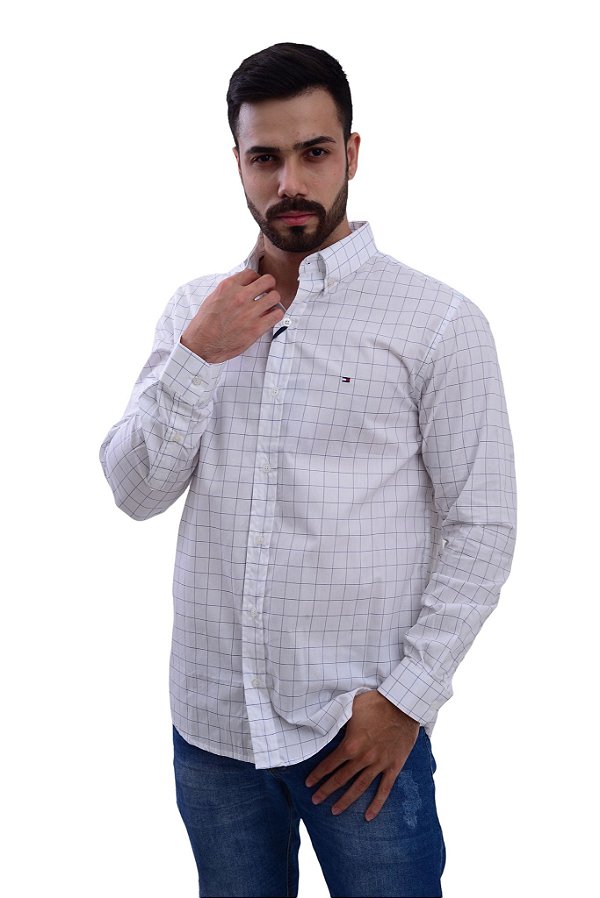Camisa Tommy Hilfiger Masculina Regular Fit Xadrez Branca