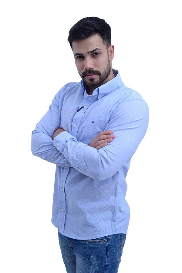 Camisa Tommy Hilfiger Masculina Regular Fit Azul Maquinetada COM BOLSO