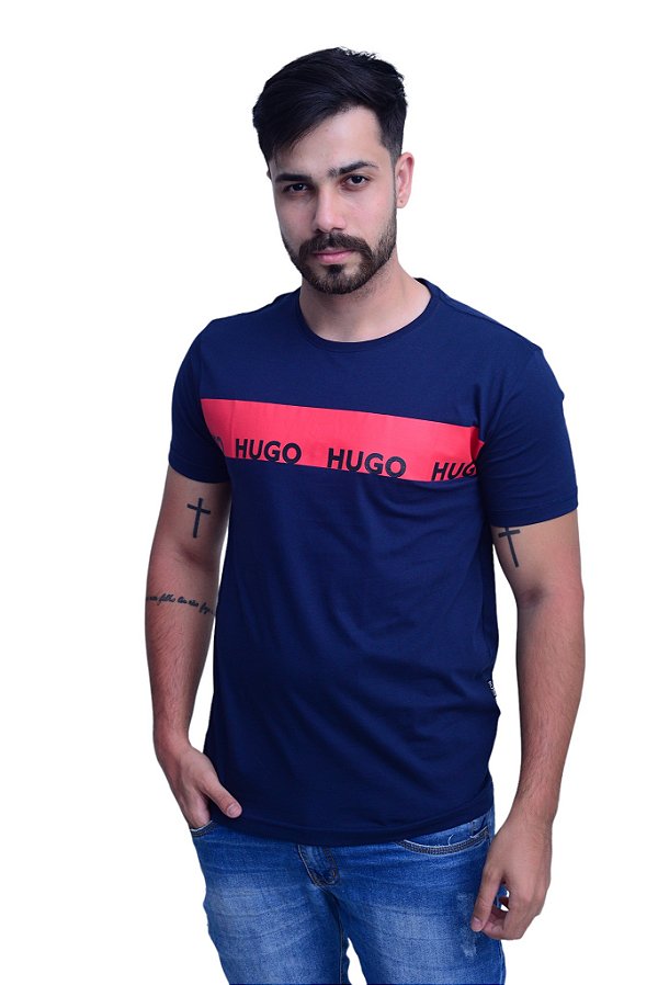Camiseta Masculina Hugo Boss Slap Red Logo Marinho