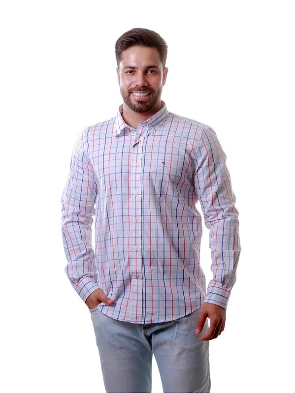 Camisa Tommy Hilfiger Masculina Regular Fit Xadrez Branca